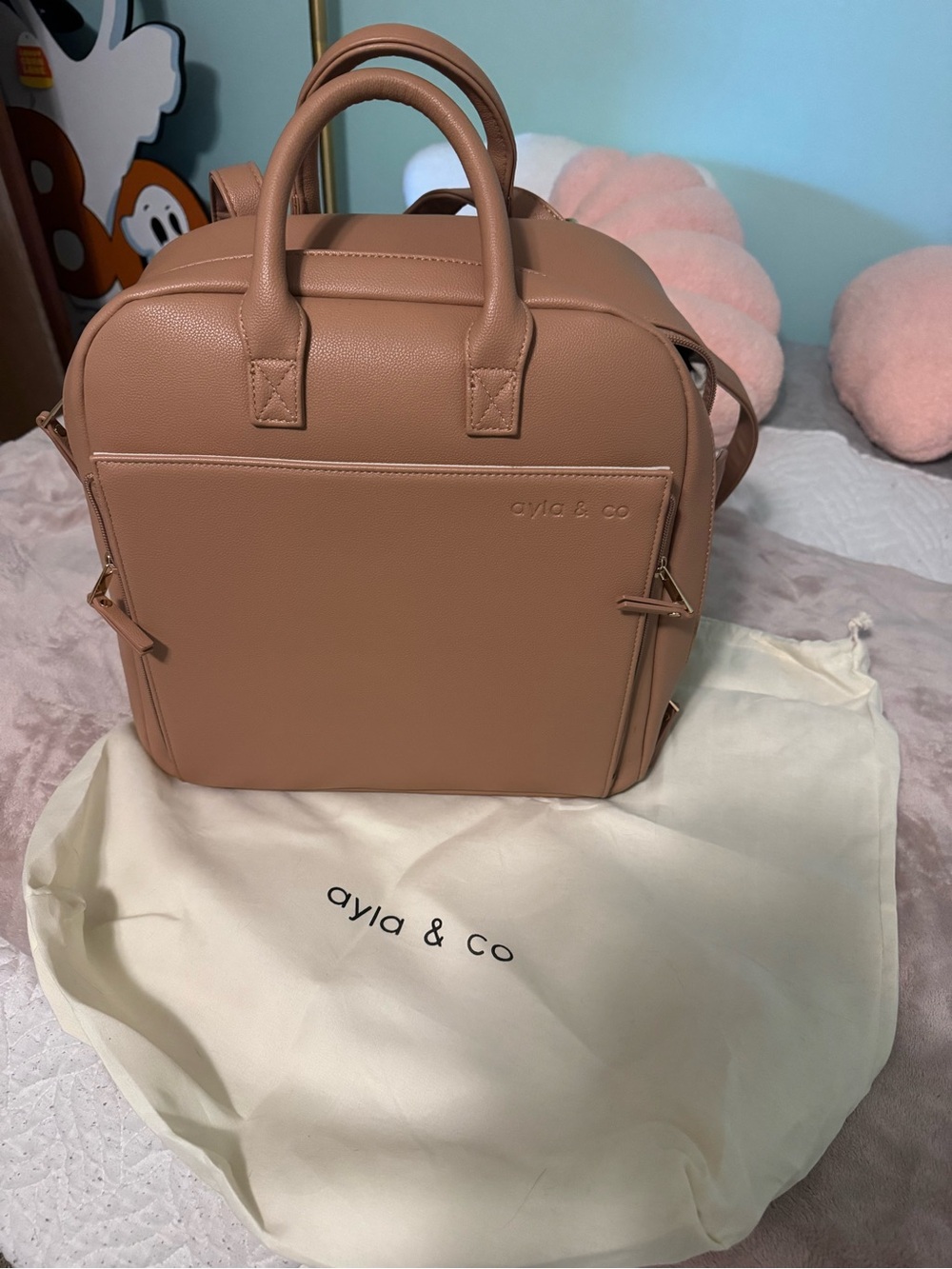 Ayla & Co Tan Baby Bag Backpack โ Structured Leatherette Carryall